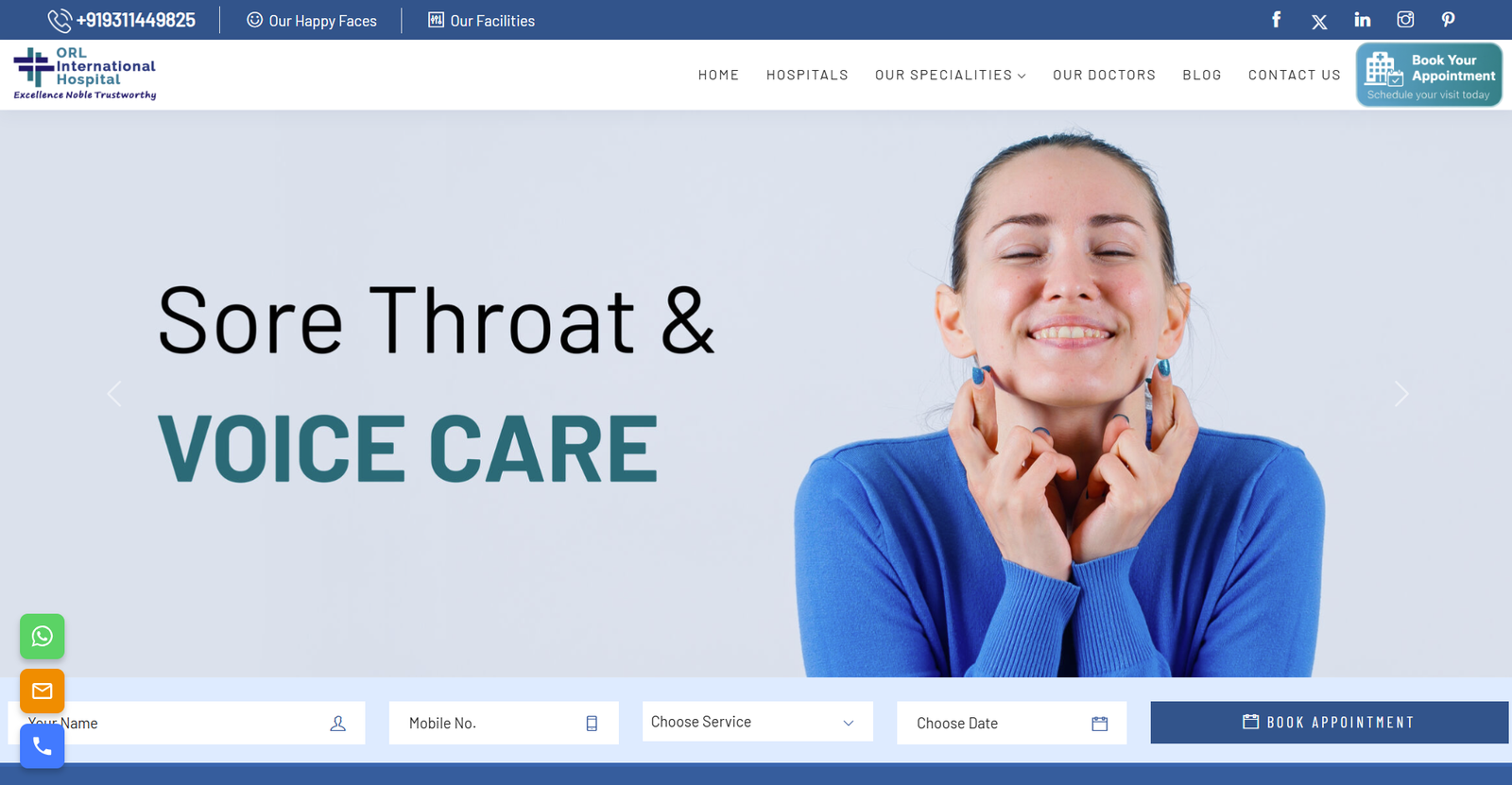 ORL International Hospital homepage — Sore Throat & Voice Care hero with appointment booking