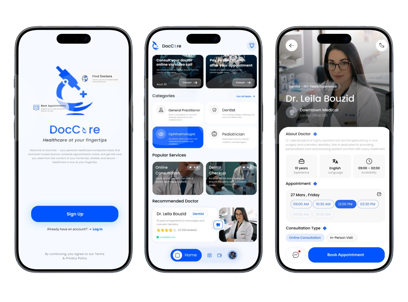DocCare healthcare booking app — sign-up, doctor search, profile booking