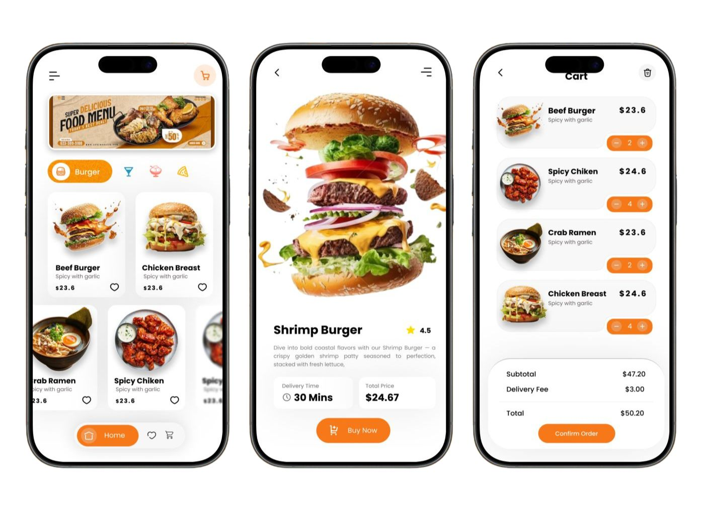 Tchitos seamless food delivery app — menu, item detail, cart checkout